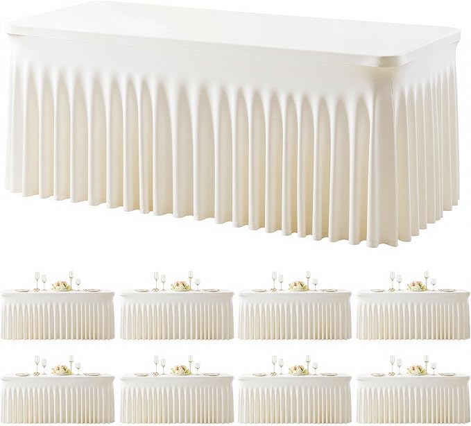 8 Pack Ivory Table Cloth for 6 Foot Rectangle Tables Spandex Fitted Tablecloth 6ft Stretch Table Covers Skirt Ivory Banquet Tablecloths Wrinkle Free Tablecloth for Party Wedding Birthday Event