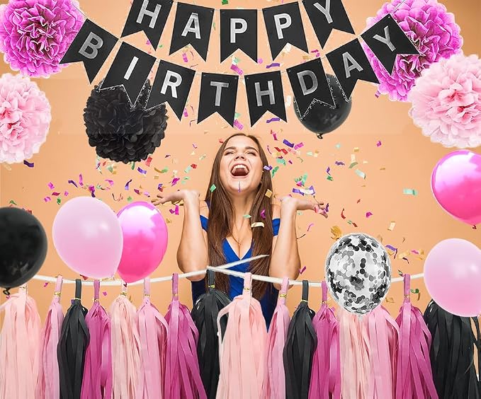 Hot Pink Birthday Decorations for Girls Women - Happy Birthday Banner with Party Balloons and Tassel Circle Garland Paper Flowers Supplies (Black Pink)