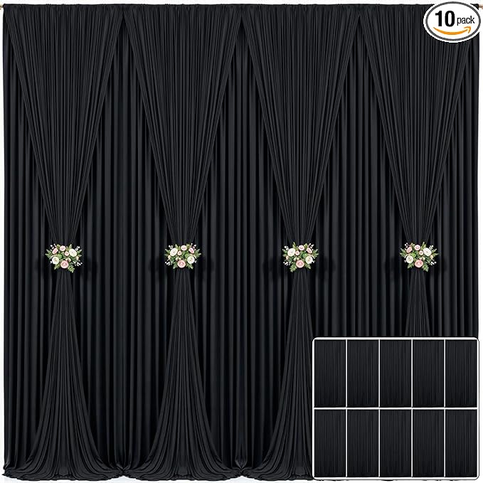 10 Panels Black Backdrop Curtain for Parties Wrinkle Free Black Photo Curtains Backdrop Drapes Fabric Decoration for Birthday Party Wedding 50ft(W) x 10ft(H)