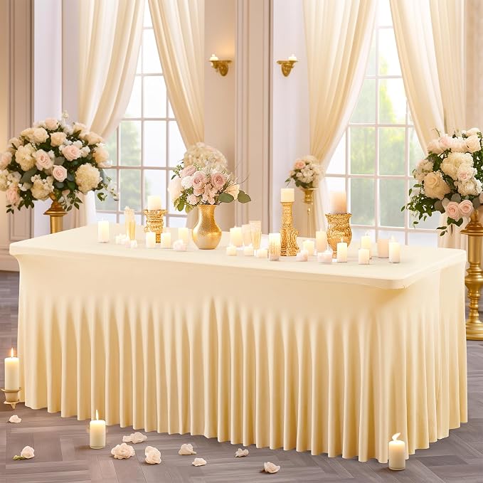 Shillance 2 Packs Champagne Spandex Table Clothes for 4 Foot Rectangle Table, Spandex Table Covers 4FT Stretch Table Skirts Wrinkle Free Fitted Table Cloth for Event, Wedding, Banquet & Parties
