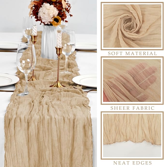 Sand 12 Pieces 35 x 120 Inches Long Cheesecloth Table Runner Gauze Fabric 10Ft Boho Table Runner Rustic Sheer Runner for Wedding Baby Bridal Shower Birthday Holiday Party Table Arbor Decor (Sand)