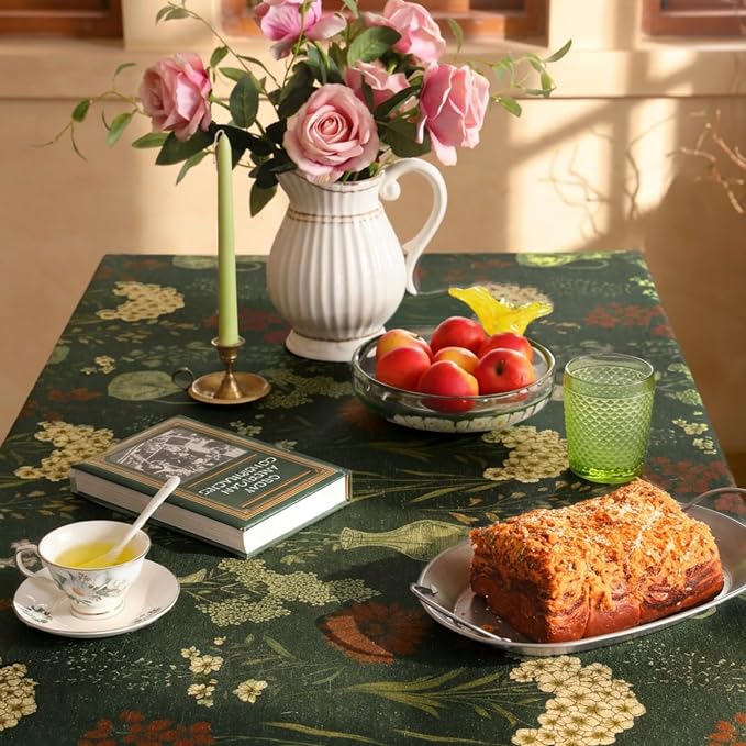 ISAENNE Designer Linen Green Rectangular Tablecloth,79"x55"-Nocturne | Vintage Elegant Table Cloth Rectangle Table,Floral Pattern,Decoration,Heavyweight,Dining,Kitchen,Tea Party,Thanksgiving