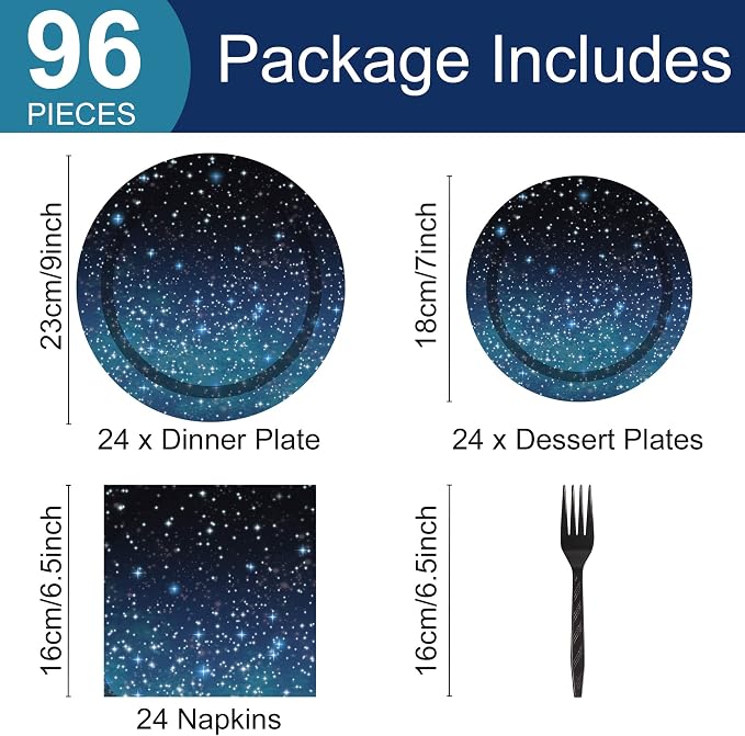 96 Pcs Galaxy Party Starry Night Supplies Tableware Set Outer Space Theme Birthday Star Party Table Decorations Solar System Paper Plates Napkins Forks for 24 Guests