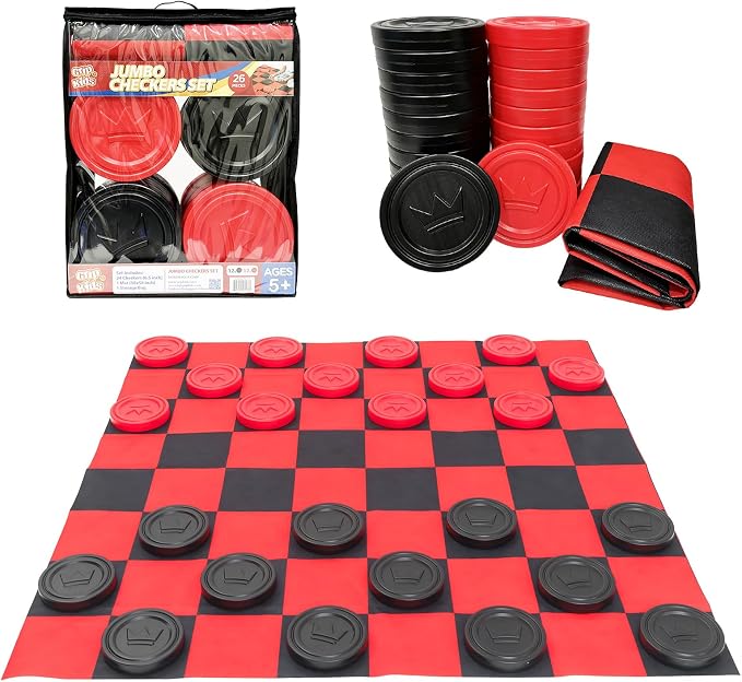 Grip Kids Jumbo Checkers Set with Storage Bag - 58 inch mat - Outdoor & Indoor Play Toys, Backyard Board Games, Family Party, Birthday for Toddlers Ages 5 6 7 8 Year Old - Amazon Exclusive