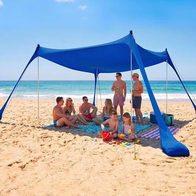 COMMOUDS Beach Tent Sun Shelter - UPF50+ Pop Up Beach Canopy with Sandbags & Sand Shovel & Windproof Poles, Portable Sun Shade for Beach, Camping, Picnics, Backyard