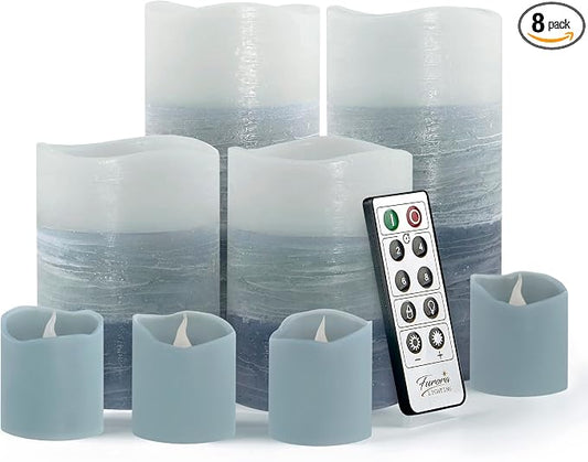 FURORA LIGHTING Blue Ombre LED Candles, 8-Pack Set with Remote & Timer | Includes 4 pillars and 4 votives. Creates a serene coastal ocean theme gradient glow throughout any large space.