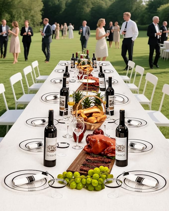 BESTVIP 700Pcs Clear Black Plastic Plates for Party,Disposable Dinnerware Set for 100 Guests, 200 Plastic Plates,100 Cups,100 Pre-Rolled Napkins with Cutlery for Graduation Party, Wedding, Halloween