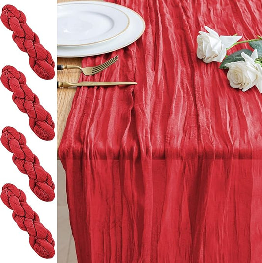 4PCS Table Runner Cheesecloth 10FT Red Boho Gauze Cheese Cloth Rustic Sheer Table Runners for Wedding Birthday Bridal Baby Shower Party Decoration