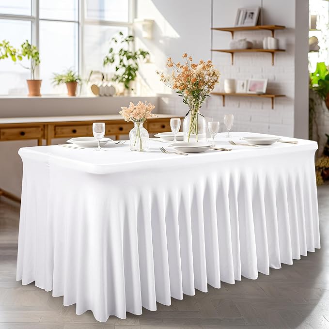Wish Care 8 Pack White Spandex Table Clothes for 8 Foot Rectangle Tables, 8FT Wrinkle Free Fitted Tablecloths Ruffles Design Table Cloth for Party, Banquet, Wedding and Events