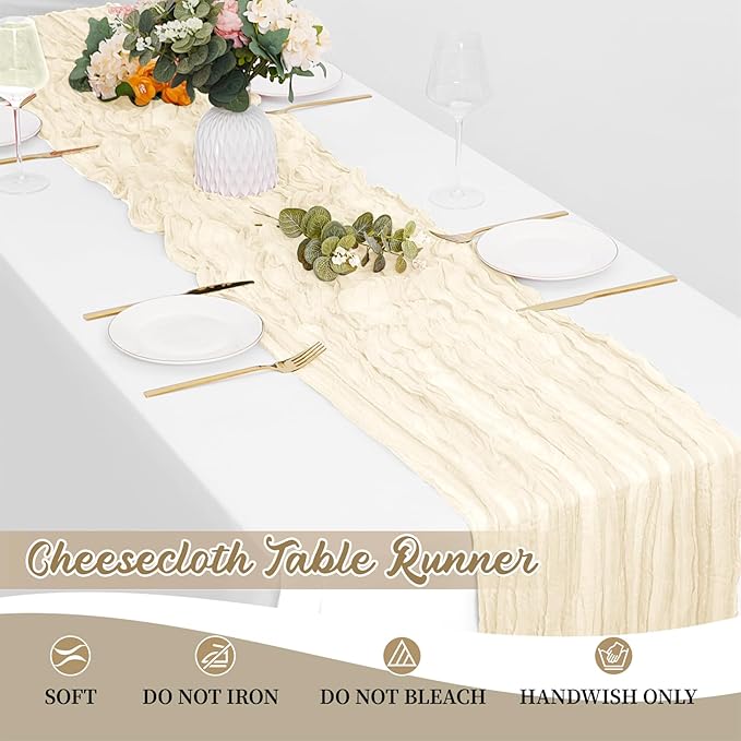 8 Pack Ivory Cheesecloth Table Runners 20x120 Inch Gauze Table Runner 10FT Easter Cheese Cloth Table Runner Rustic Sheer Runner for Wedding Baby Shower Birthday Party Table Decor