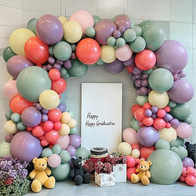 Dusty Green Purple Pink Yellow Balloons Arch Kit, Double Stuffed Pastel Balloon Garland with Lavender Lilac Yellow Green Red Latex Balloons for Birthday Baby Shower Wedding Anniversary Decorations.