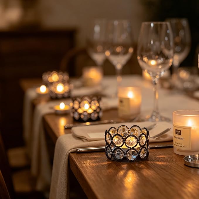 2.4x2.4x1.6 Inch Crystal Tea Light Candle Holders for Wedding Home Table Centerpiece Decoration (48, Black)