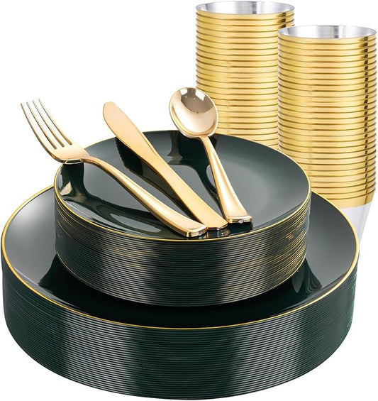 WDF 150Pcs Green Plastic Plates - Green Plates Disposable with Gold Rim - 25Guest Disposable Dinnerware Include 50 Plastic Plate, 75 Gold Cutlery & 25 9oz Cups for Wedding/Party/Birthday