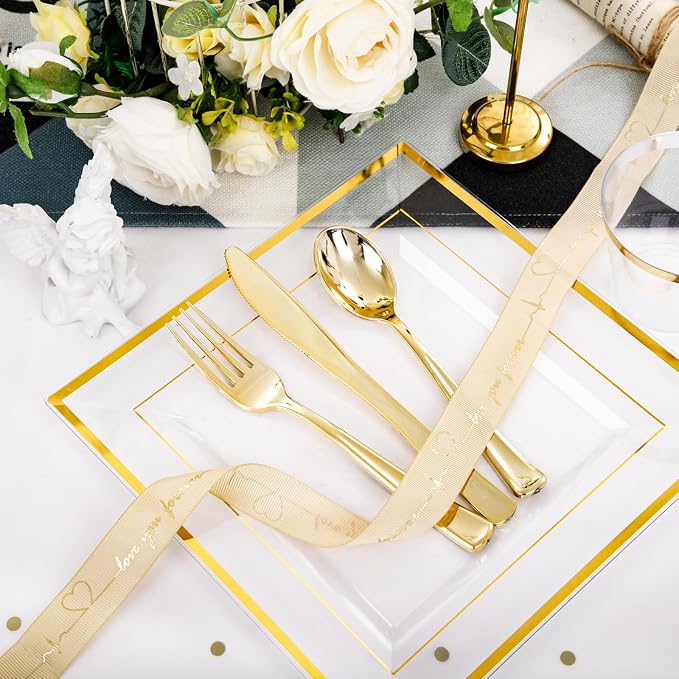 Festiva 350Pcs Clear Plastic Plates with Gold rim - Clear Gold Disposable Dinnerware for 50 Guests include Square Plastic Plates/Cups/Cutlery/Napkins Perfect for Birthday Party&Wedding