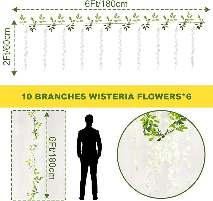 Alotiki Wisteria Hanging Flowers, Artificial Flowers for Decoration, Wedding, Garden, Wall,White 10 Pcs Total 60ft