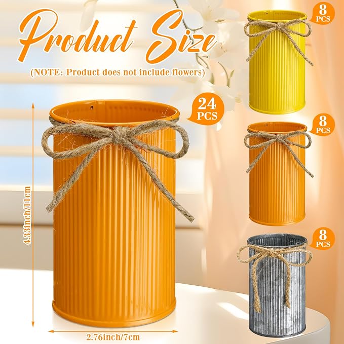 Rustic Vase for Table Centerpieces 4.33 Inch Small Petite Flower Vase with Twine Bow Vintage Farmhouse Decor for Wedding Reception Dining, Home Galvanized Metal Buckets(Yellow, Orange, Iron,24 Pcs)
