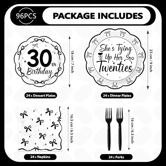 96Pcs Black Bow 30th Birthday Party Decorations, Serves 24 | She's Tying up Her Twenties Plates and Napkins Scalloped Black and White Bow Tableware Set for 30 Year Old Women Rip 20s Bday