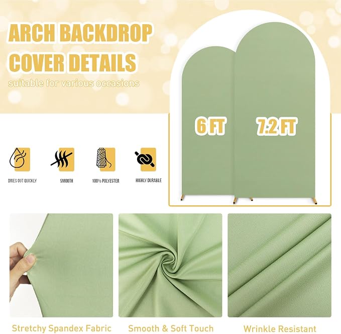 FUHSY Wedding Arch Cover Spandex Fitted Sage Green 6FT, 7.2FT Arch Backdrop Set of 2 Arch Covers Chiara Backdrop Stands Cover for Parties Wedding Arched Frame Cover for Birthday Bachelorette