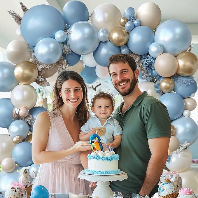 Dusty Blue Beige Gold Balloons Arch Kit, Double Stuffed Pastel Light Blue Pearl White Sand Chrome Gold Balloons for Elegant Weddings Birthdays Bridal Decoration