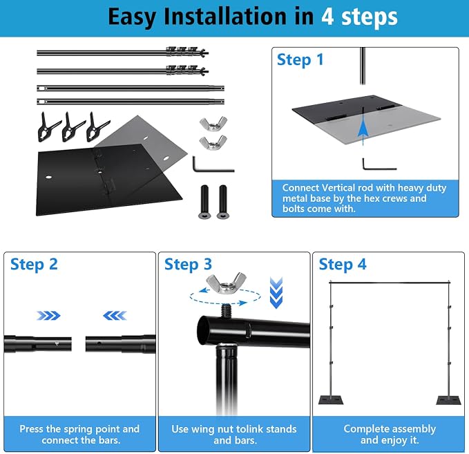 SLOW DOLPHIN Heavy Duty Backdrop Stand10ft x 8.5ft Adjustable Background Support System Kit with Steel Base for Photography, Photo Backdrop Stand for Parties Birthday, Photo Booth Video Studio
