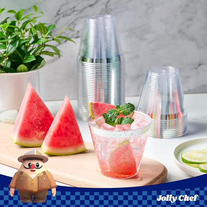 JOLLY CHEF 100 Pack Silver Plastic Cups, 9 oz Clear Plastic Tumblers, Elegant Silver Rimmed Cups, Disposable Glasses for Wedding, Thanksgiving Day, Christmas Party