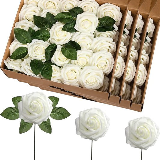 100 Pcs Artificial Foam Rose Flower Faux Bouquet Wedding Fake Rose Gift for Mother's Day Women DIY Bridal Shower Party Table Birthday Home Spring Decor (Ivory)