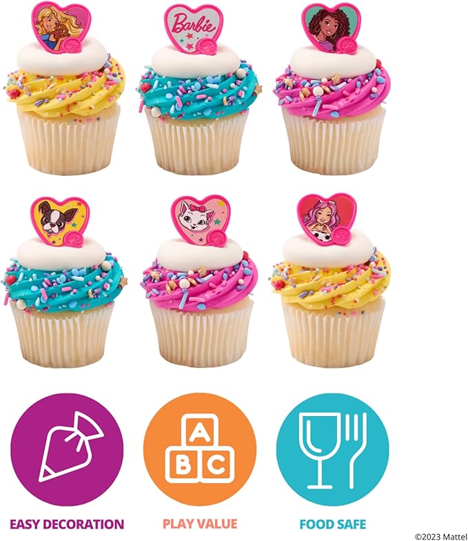 DecoPac Barbie Be The Future Rings, Pink Heart Shaped Cupcake Decorations Featuring Barbie and her Friends For Birthday Party And Celebrations - 24 Pack