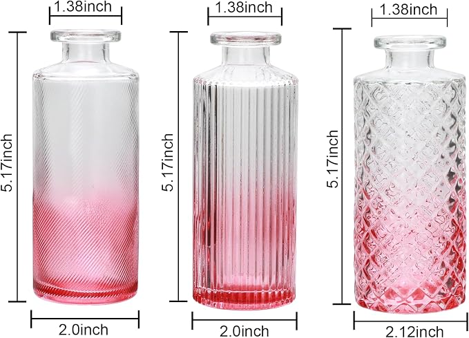 Glass Bud Vase Set in Bulk, 9pcs Mini Vintage Flower Vases for Wedding,Pink Relief Vase for Centerpieces,Home Table Flower Decor, Party Decorations