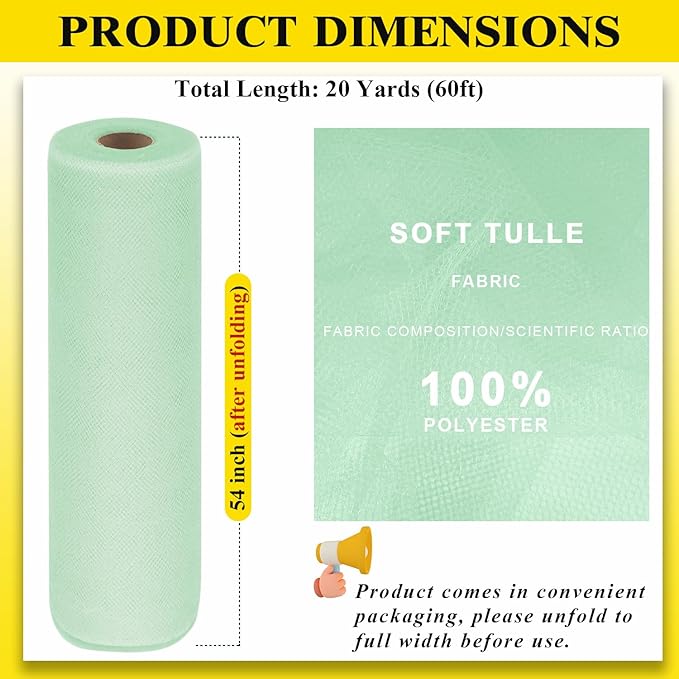 54" by 20 Yards Tulle Fabric Rolls Green Tulle Ribbon Tutu Spool Bolt for DIY Wedding Decoration Baby Shower Tutu Skirt Gift Wrapping Large Matte Tulle, Roll Packaging (Mint)