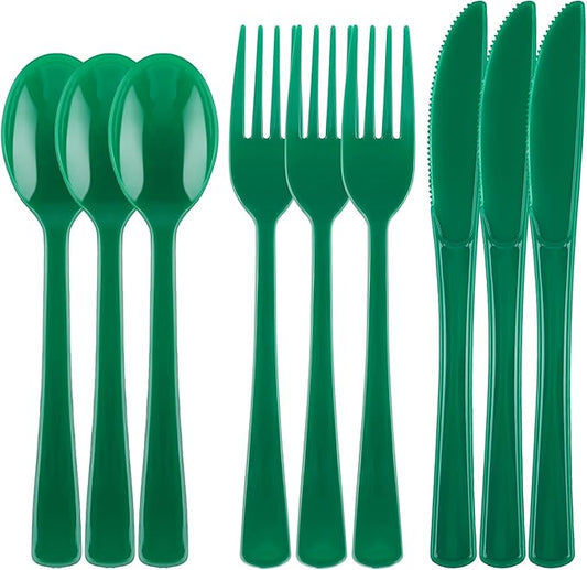 Kochorie 300Pcs Graduation Ink Green Heavy Duty Disposable Plastic Silverware Set, Premium Sturdy Cutlery Flatware Include Forks Knives Spoons for Graduation Birthday Wedding Party Dinner