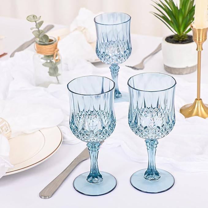 48 Pack Dusty Blue Plastic Wine Glasses, Vintage Plastic Goblets for Parties, Drinking Glasses Unbreakable Glassware Crystal Water Goblets Reusable Drinkware for Wedding Reception Grand Event Party