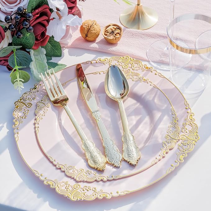 Nervure 175PCS Pink Plastic Plates - Disposable Pink Gold Party Plates & Pre Rolled Napkins with Cutlery for 25 Guests, 50Plates, 75Silverware, 25Cups, 25Napkin for Wedding & Party & Mother's Day