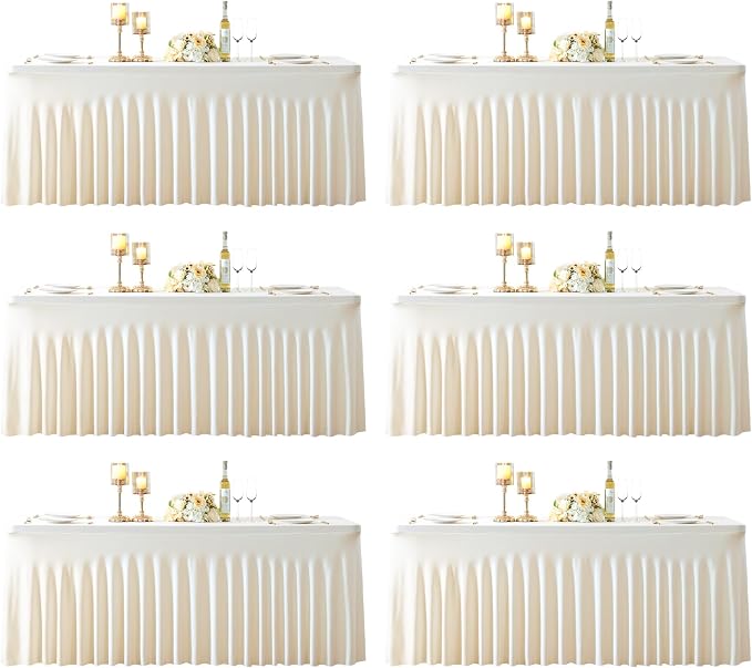 6 Pack Ivory Spandex Tablecloths for Rectangle Tables 8 Foot Ivory Stretch Table Cloth Rectangle 8ft Elastic Fitted Table Cover with Skirt for Wedding Birthday Party Banquet Baby Shower Buffet Event