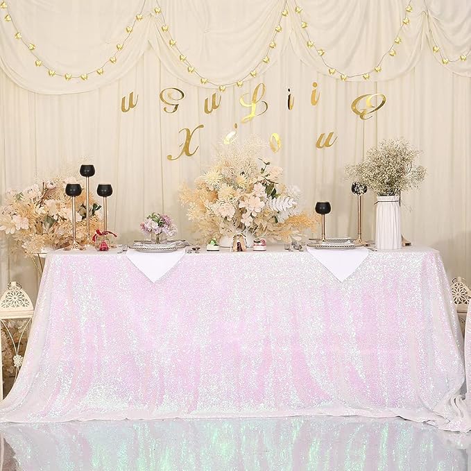 Eternal Beauty White Iridescent Tablecloth, 90x156 Inch Sequin Rectangle Table Cover for Cake Dessert Exhibition Party Birthday Events