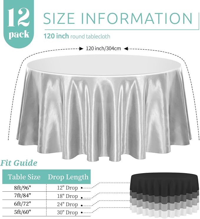 12 Pack 120 Inch Round Tablecloth, Silver Satin Fabric Table Cloth for Round Table, Wrinkle Resistant Washable Table Cover Bright Silk Table Clothes for Wedding Party Dining Table Banquet