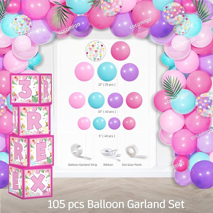 314Pcs Three Rex Birthday Decorations Serves 25 Guests, All-in-One Pink Dinosaur Birthday Decorations Includes Balloon Arch Kit, Banner, Plates, Balloons Box, Tablecloth, Cake Topper