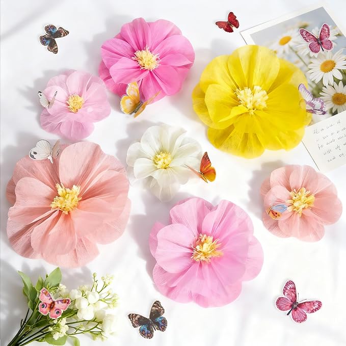 Large Paper Flower Decorations with 3D Butterfly Stickers Pink Yellow Giant Tissue Paper Flowers Pastel Flowers Butterfly Party Decoration for Spring Garden Girls Women Birthday Wedding Party