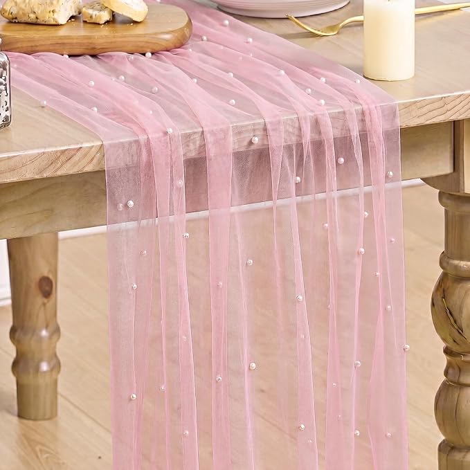Artoid Mode Pearl Pastel Pink Gauze Table Runner 120 Inch 10FT, Seasonal Sheer Dining Holiday Wedding Birthday Baby Shower Table Decor for Home Party
