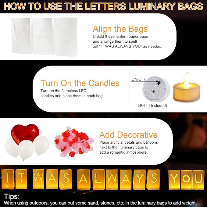 It was Always You Luminary Paper Bags with LED Flameless Candles and Rose Petals Balloons Light Up Letters for Valentines' Day Anniversary Proposal Special Romantic Decorations