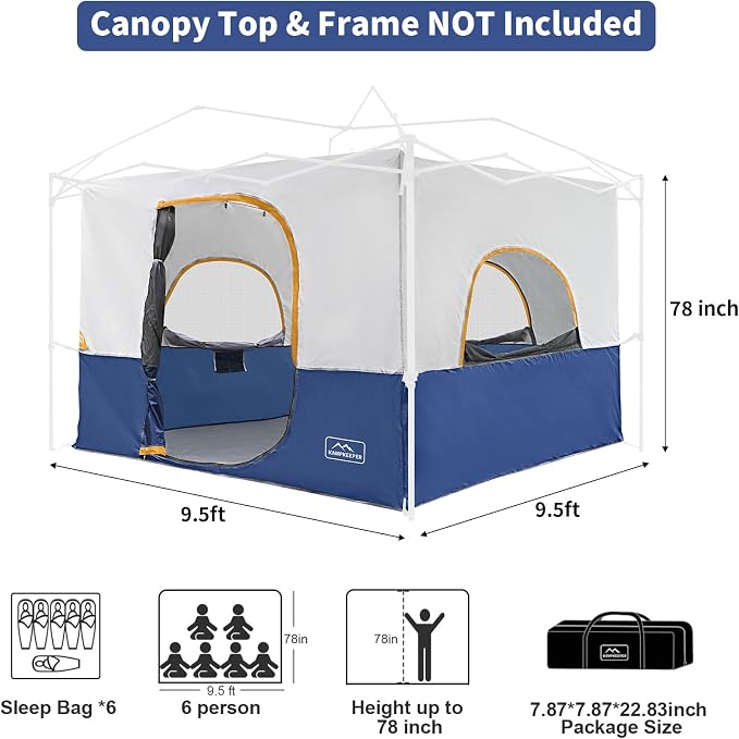 KAMPKEEPER Camping Inner Tent for Pop Up Canopy, Converts 10'x10' Straight Leg Canopy into Camping Tent–Fully Vented Roof(Top & Frame NOT Included) (Navy Blue, Classic)