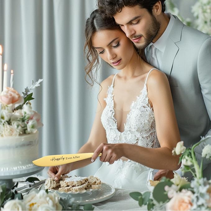 Wedding Cake Knife and Server Set, Mr and Mrs Champagne Flutes Glasses & Forks with Wooden Box, Gold Cake Cutting Set for Wedding Engagement Bridal Shower Gifts