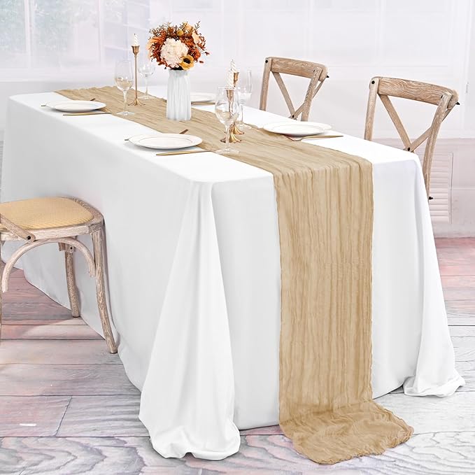 10 Pack Beige Table Runner 10Ft Cheesecloth Table Runner Boho Gauze Table Runners Romantic Long Sheer Fabric Cheese Cloth Table Runners for Wedding Party Bridal Shower(Beige)