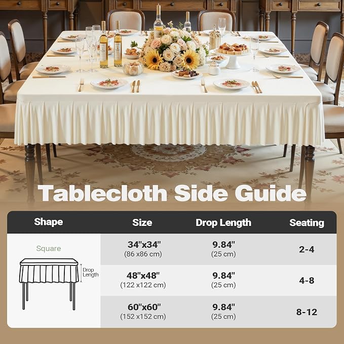 Shillance 48x48 Inch Ivory Spandex Square Tablecloth,Wrinkle Free Ivory Fitted Table Cloth for Square Tables,Washable Pleated Table Cover for Wedding Birthday Cocktail Party Buffet Dinner Camping