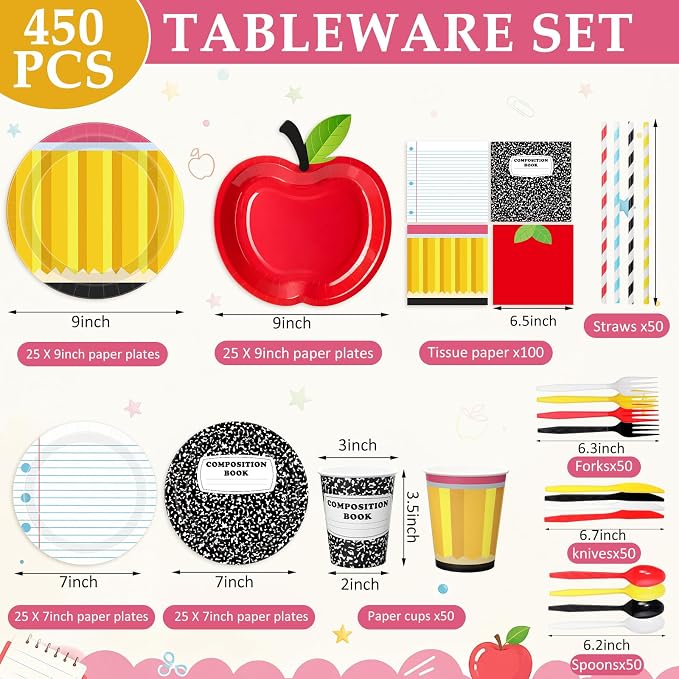450 Pcs Preschool Kindergarten Back to School Tableware Set Decorations Apple Paper Plates Composition Notebook Napkins Pencil Cups Cutlery Straws for First Day Party Supplies, Serves 50