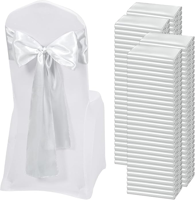 120 PCS Silver Satin Chair Sashes, Ties Bows Designed Chairs Decorative, Chair Cover Sashes for Thanksgiving Wedding Christmas Banquet Party Home Kitchen Decoration (7 x 108 inch)