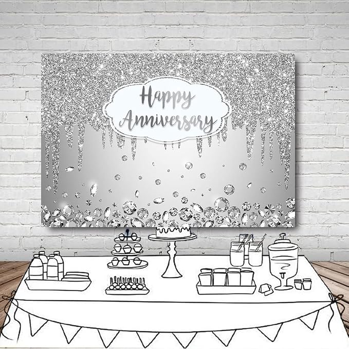 AIBIIN 10x7ft Happy Anniversary Backdrop Silver Dripping Glitter Crystals Photography Background Cheers to Wedding Anniversary Party Decorations Banner Photo Props