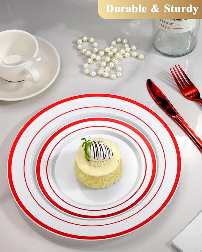 Goodluck 200 Pack Red Rim Plastic Plates - 100 Dinner Plates (10.25") & 100 Dessert Plates (7.5") - Heavy Duty Disposable White Plates with Elegant Red Trim - Premium Dinnerware Set for Wedding