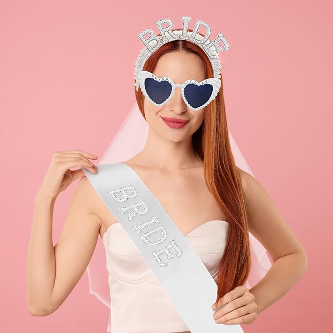 Cinrobiye 6 Pcs Bride to Be Gift Set, Bachelorette Party Accessories, Bridal Shower Veil Crown Sash Sunglasses Set, Bride to Be Tiara & Photo Booth Props Wedding Party Decorations