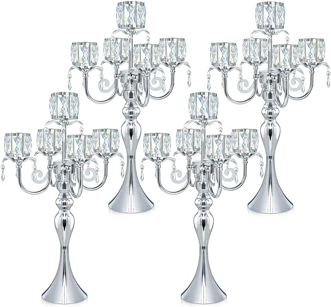 5 Arm Elegant Crystal Candle Holder,Candlestick for Wedding Table Centerpiece, 22 Inch Tall Candle Holder Table Candelabra Event Party Table Centerpiece,Home Decoration. (4, Silver, Square Crystal)
