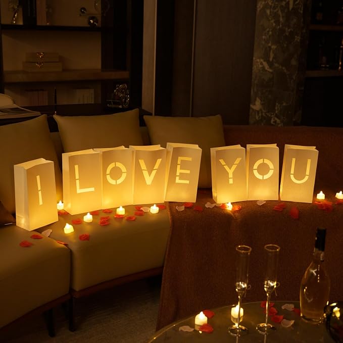 I Love You Light Up Letters Signs, Romantic Proposal Anniversary Valentines' Day Decorations with Luminary Paper Bags, 30 LED Tea Light Candles, Red Heart Balloons, Artificial Rose Petals